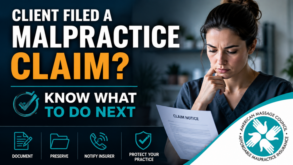 Massage therapist reviewing a malpractice claim notice and next steps