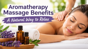 Aromatherapy massage client relaxing beside essential oils