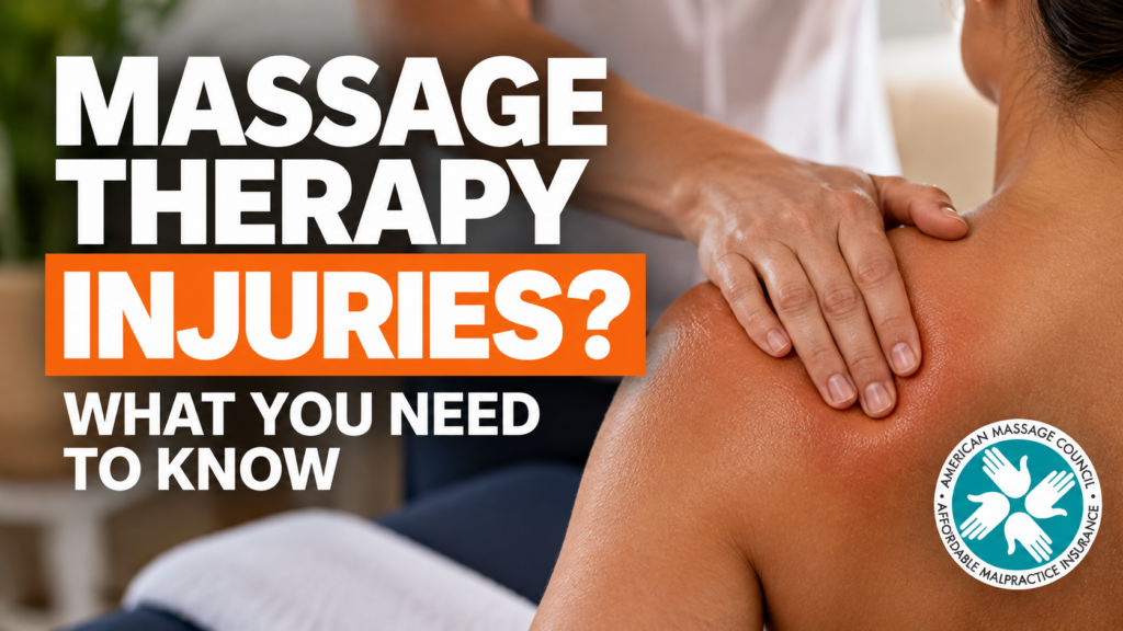 Massage therapist treating a client's shoulder while discussing massage therapy injuries and safety