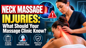Massage therapist performing neck massage on a client with a highlighted cervical spine.