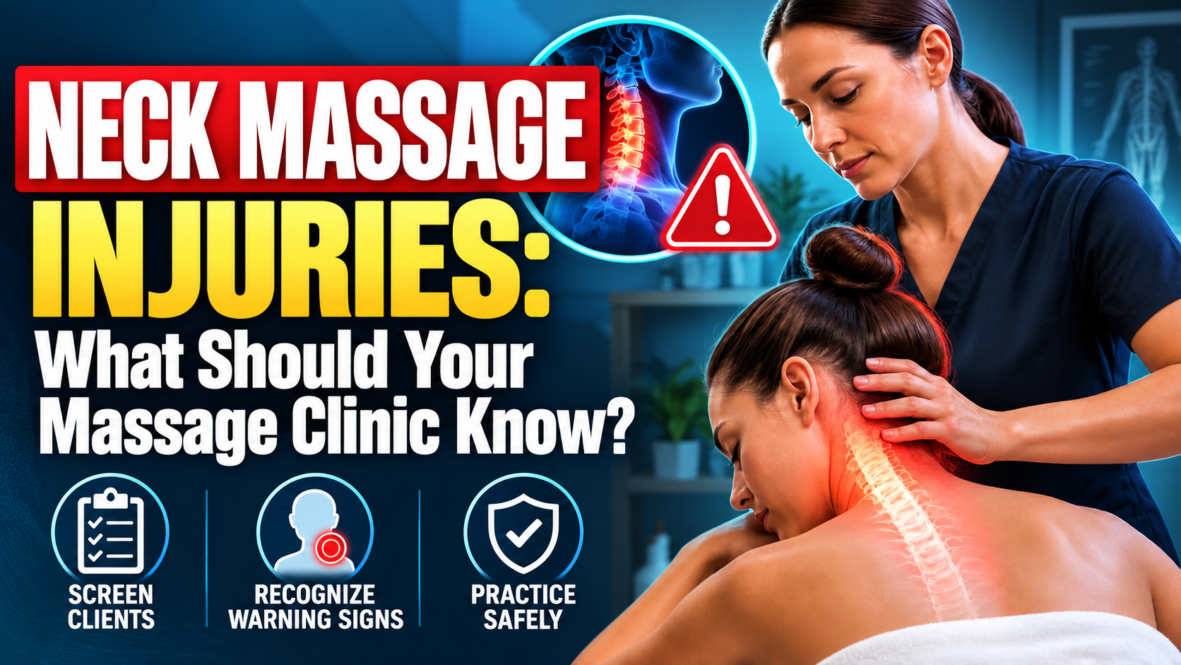 Massage therapist performing neck massage on a client with a highlighted cervical spine.