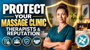 Massage therapist standing confidently beside a shield with text about protecting a massage clinic, therapists, and reputation
