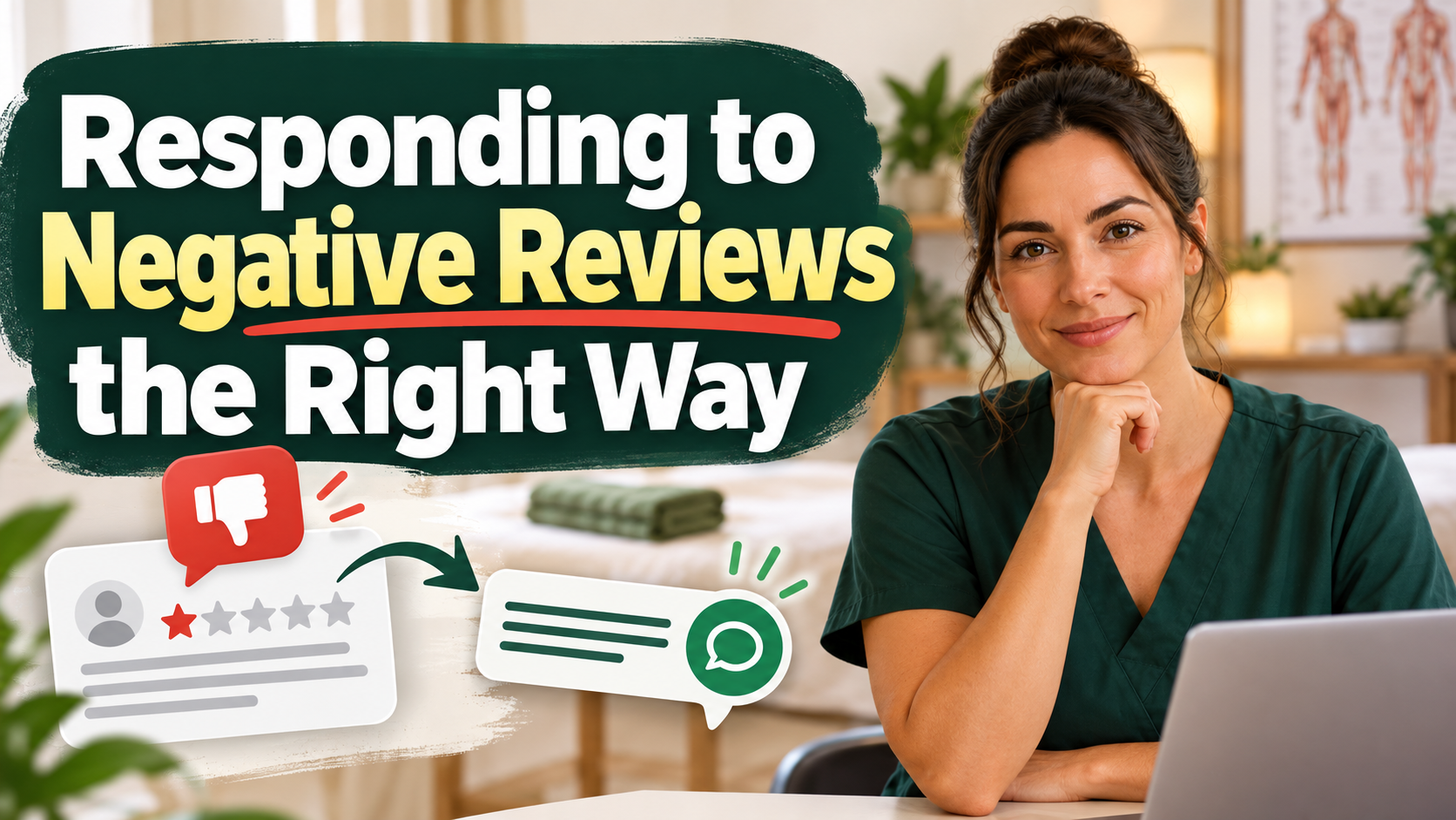 Massage therapist beside graphics representing negative online reviews and professional responses.